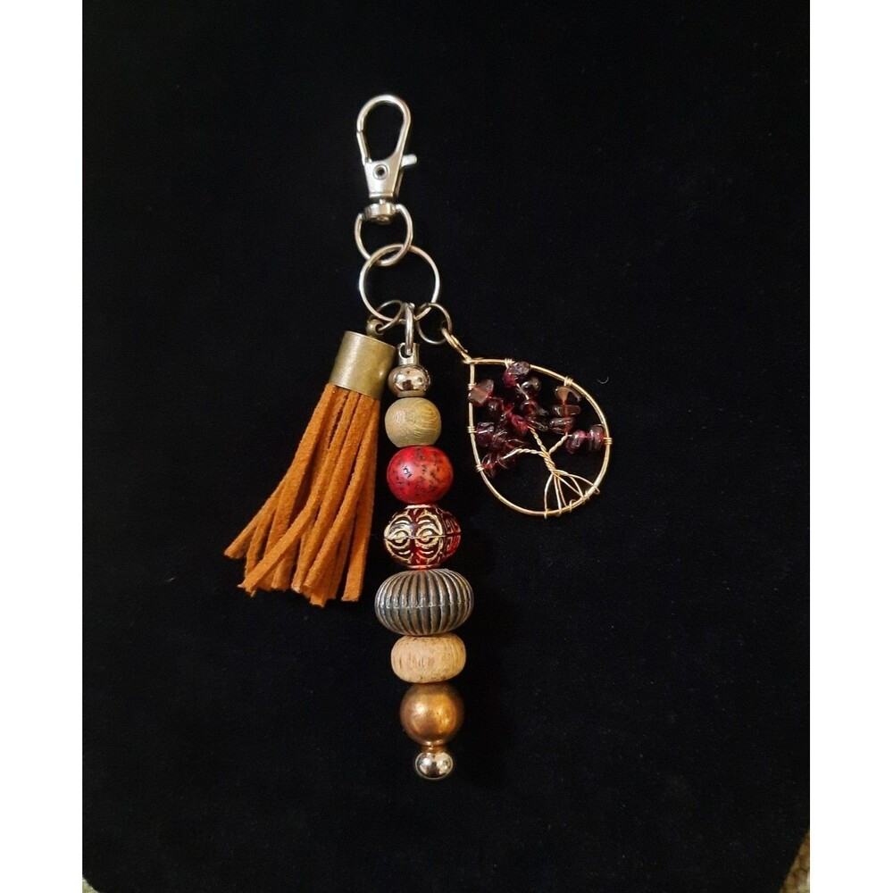 Handmade Red Garnet Tree of Life and Cinnabar Jasper Keychain with Tassel